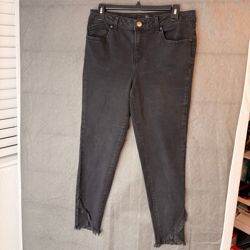 1822 Denim Women Black High Rise Skinny Jeans Frayed Tulip Hem Size 12